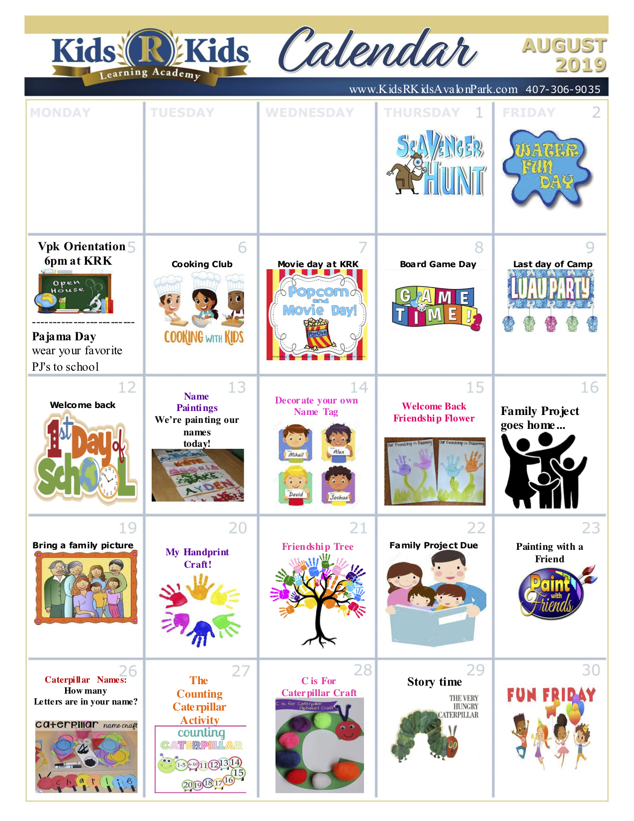 Monthly Calendar Kids R Kids Avalon Park Orlando