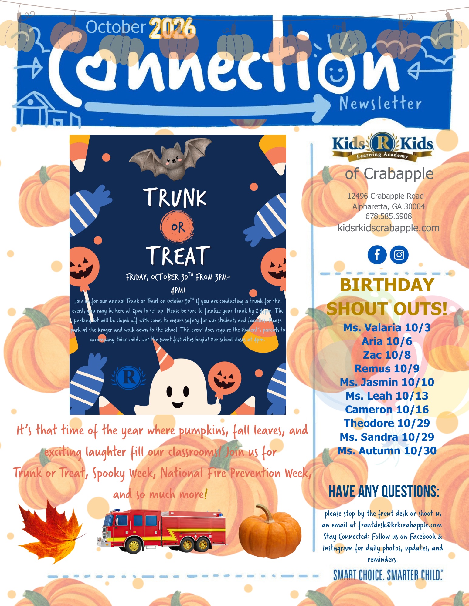 October 2026 Connection newsletter, page 1: Trunk or Treat on Friday October 30 from 3 to 4 pm (park at the Kroger; parents accompany their child; school closes at 4 pm) and staff birthday shout-outs