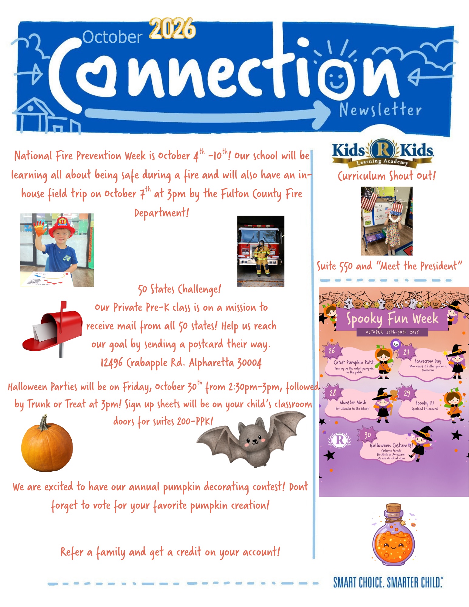October 2026 Connection newsletter, page 2: Fire Prevention Week Oct 4-10 with a Fulton County Fire Department visit Oct 7 at 3 pm, the Pre-K 50 States postcard challenge, Halloween parties Oct 30 at 2:30 pm, Spooky Fun Week Oct 26-30, pumpkin decorating contest, refer-a-family credit