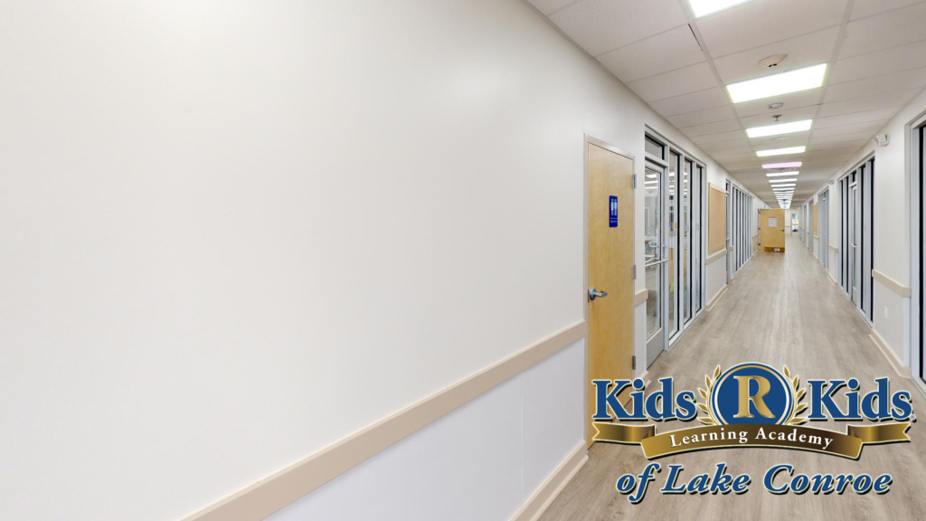 Spacious hallway with glass doors to view into and access all of our classrooms. 