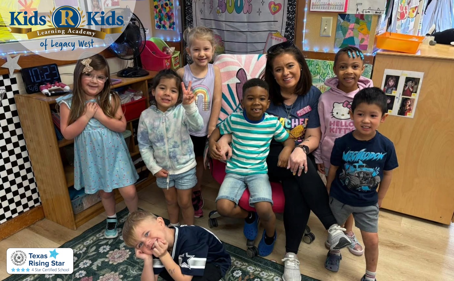 Pre K children practicing kindergarten readiness skills with a teacher at Kids R Kids Legacy West in Frisco