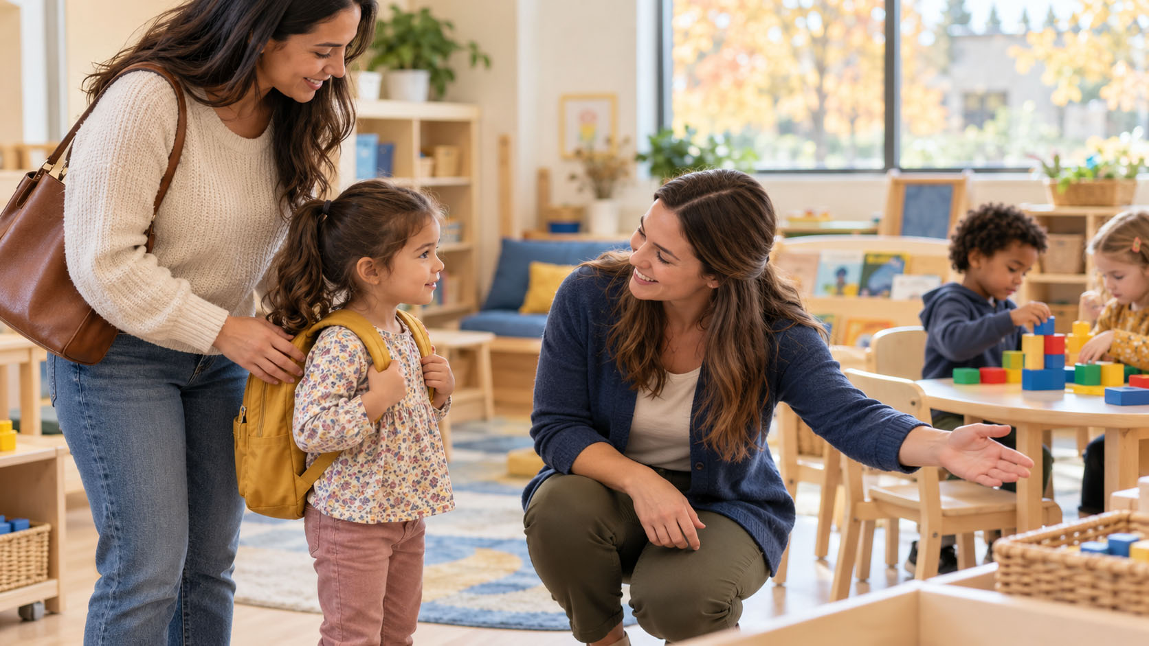 Parents comparing childcare information and costs with an enrollment advisor