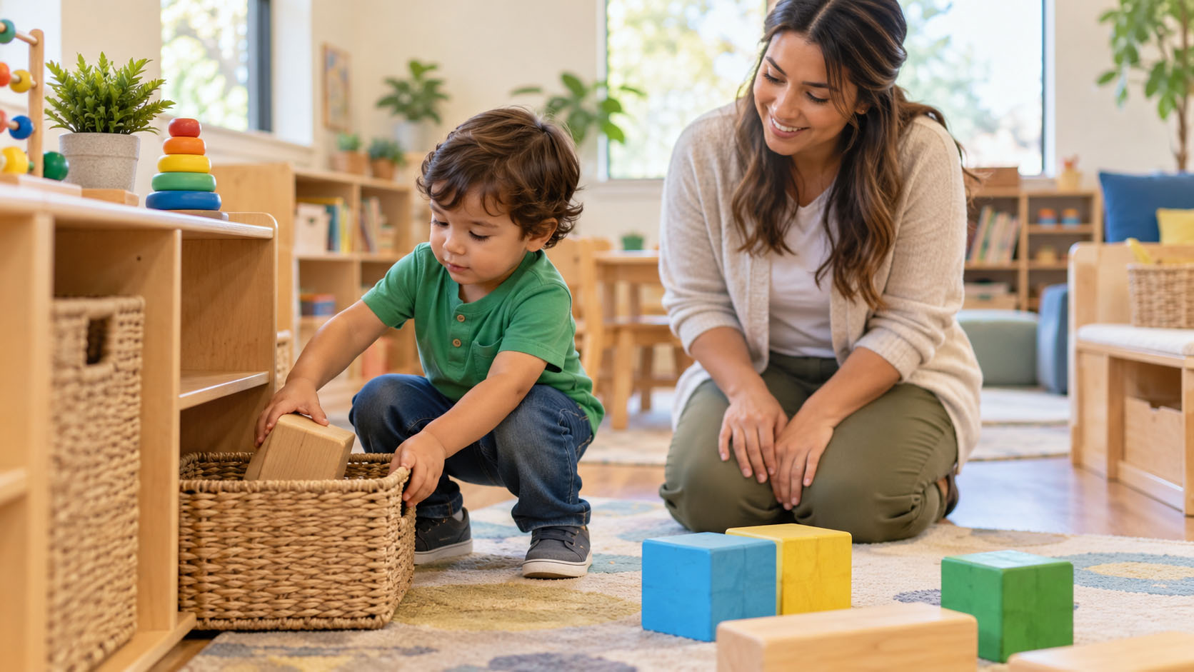 Toddler putting away blocks with encouragement from a teacher