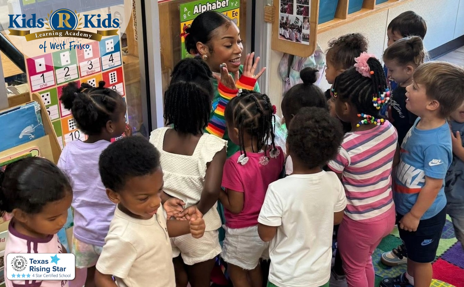 West Frisco preschool teacher welcoming children into a classroom activity