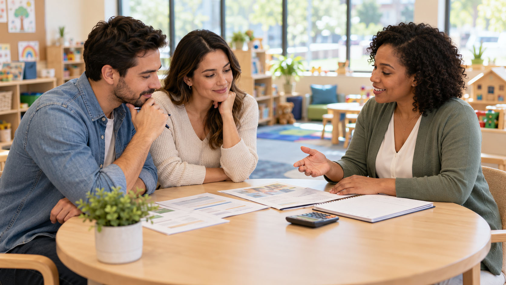 Teacher welcoming a child and parent into a preschool classroom