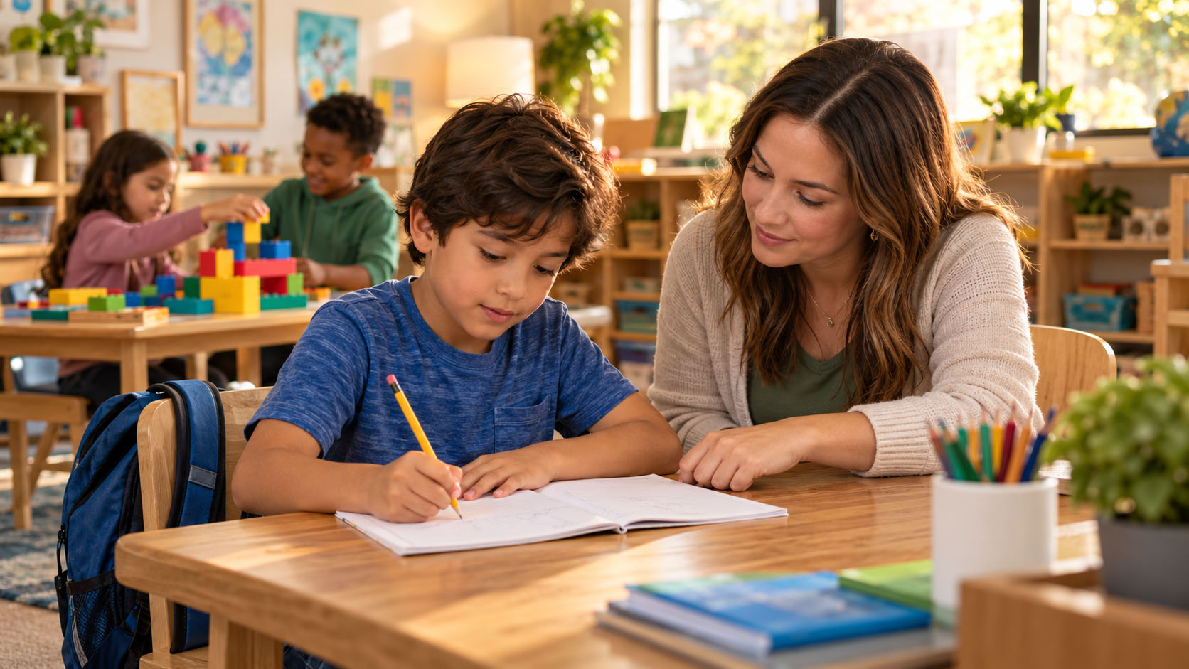 Child completing homework with teacher support while classmates play nearby